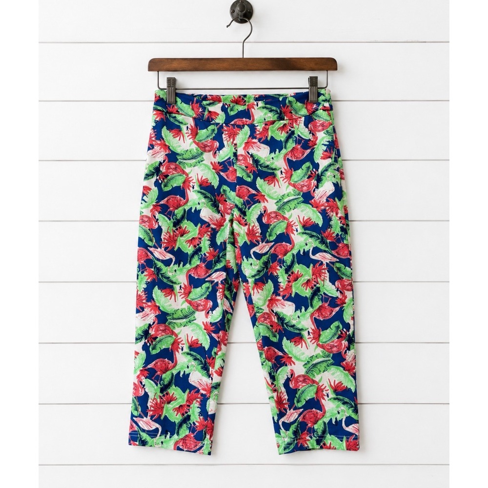 Casey Key Tropical Flamingo Capri Pants‎ Pull-On Stretch Resort Casual Size 12